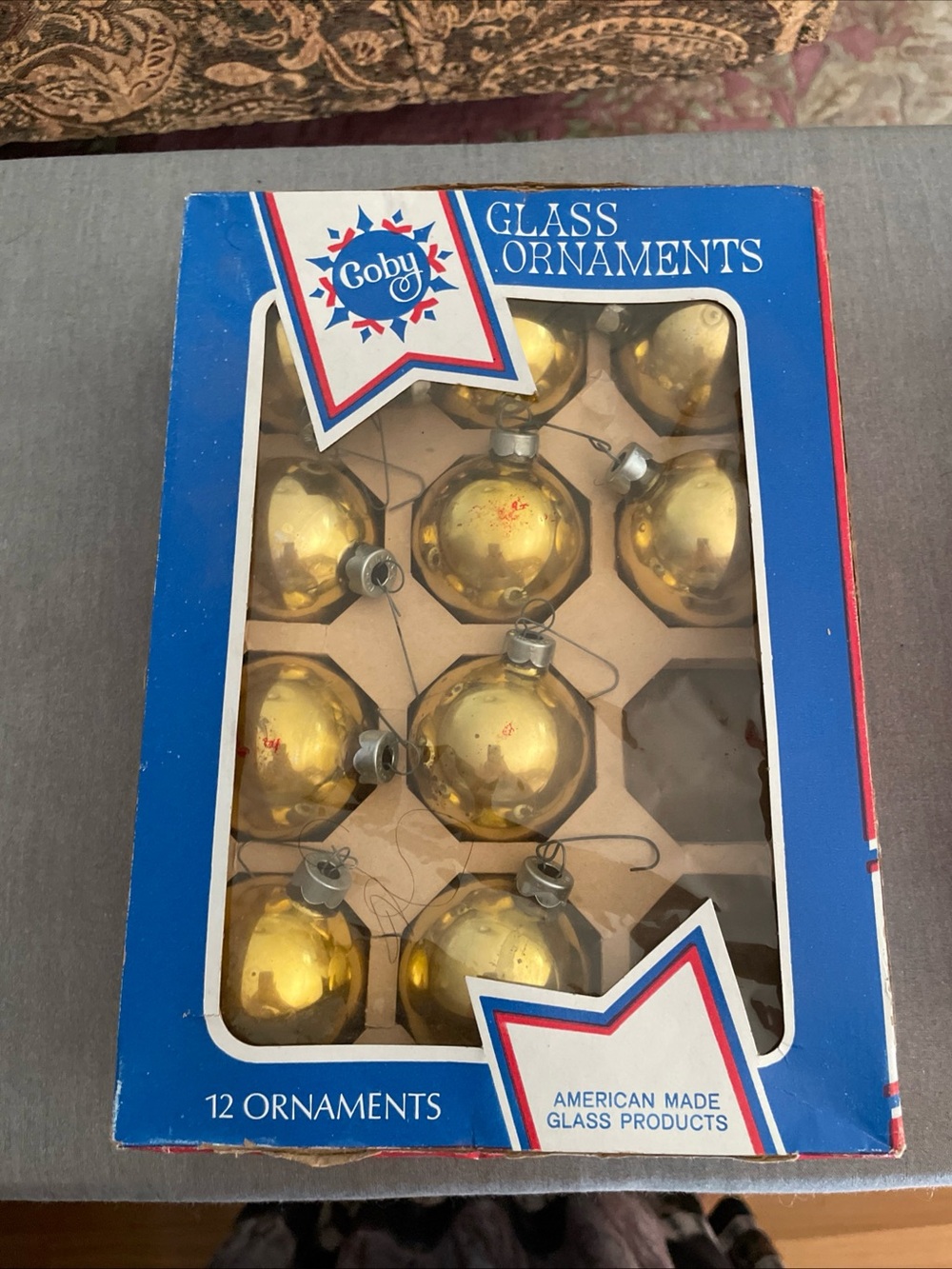 Lot of 10 Vintage Coby 2” Glass Gold Christmas Tree Ornaments In Original Box